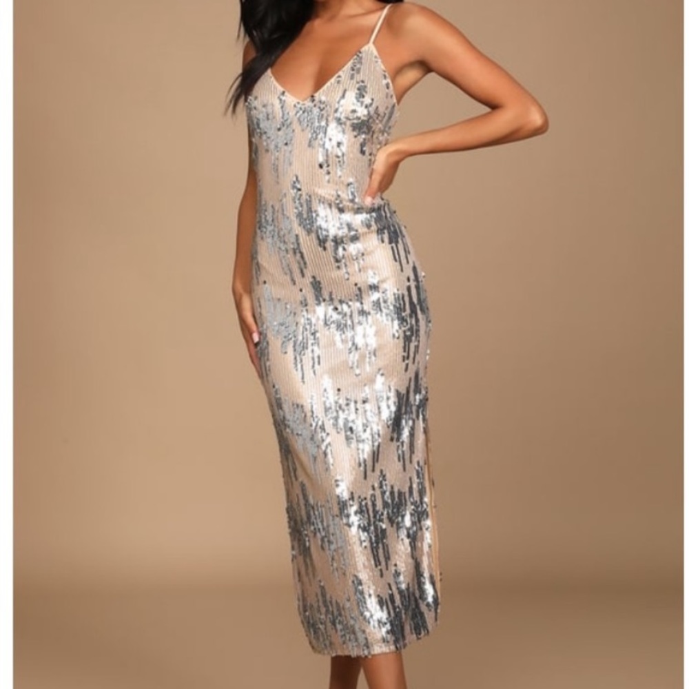 Rose Gold and Silver Sequin Midi Dress